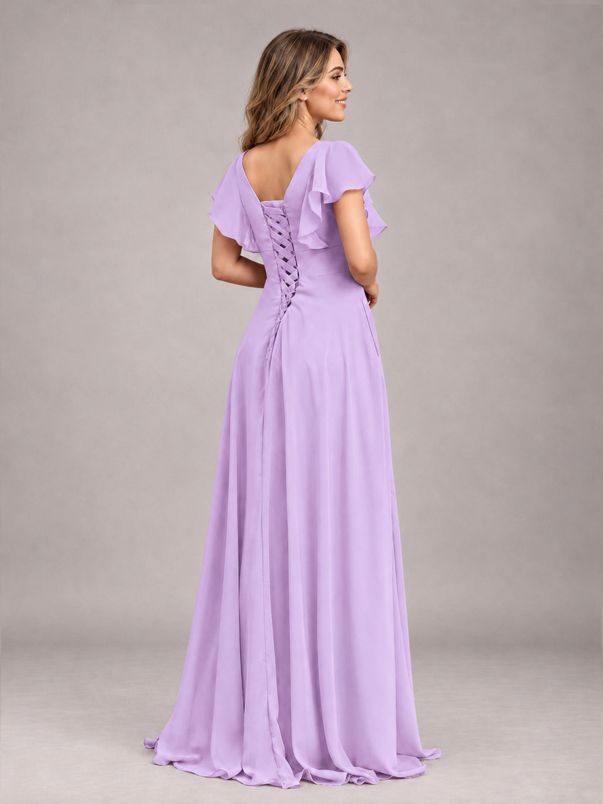 Lilac Modest V-Neck Ruffles Floor Length Chiffon Bridesmaid Dress