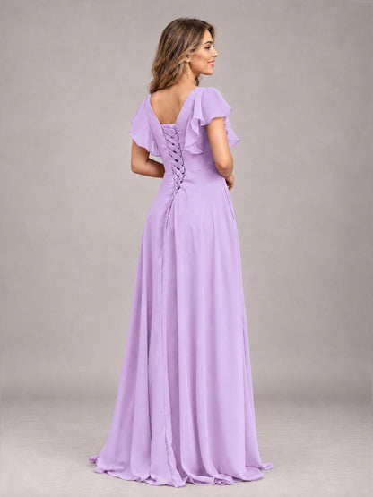Lilac Modest V-Neck Ruffles Floor Length Chiffon Bridesmaid Dress