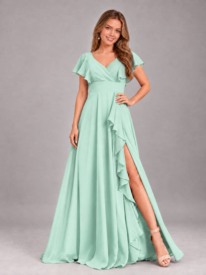 Mint Green Modest V-Neck Ruffles Floor Length Chiffon Bridesmaid Dress