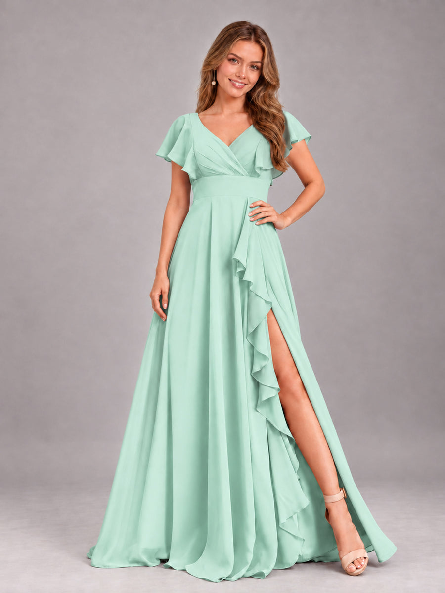 Mint Green Modest V-Neck Ruffles Floor Length Chiffon Bridesmaid Dress