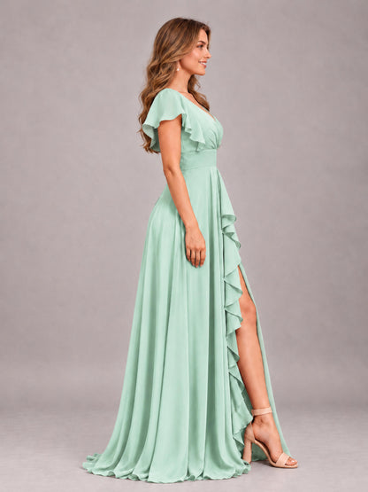 Mint Green Modest V-Neck Ruffles Floor Length Chiffon Bridesmaid Dress