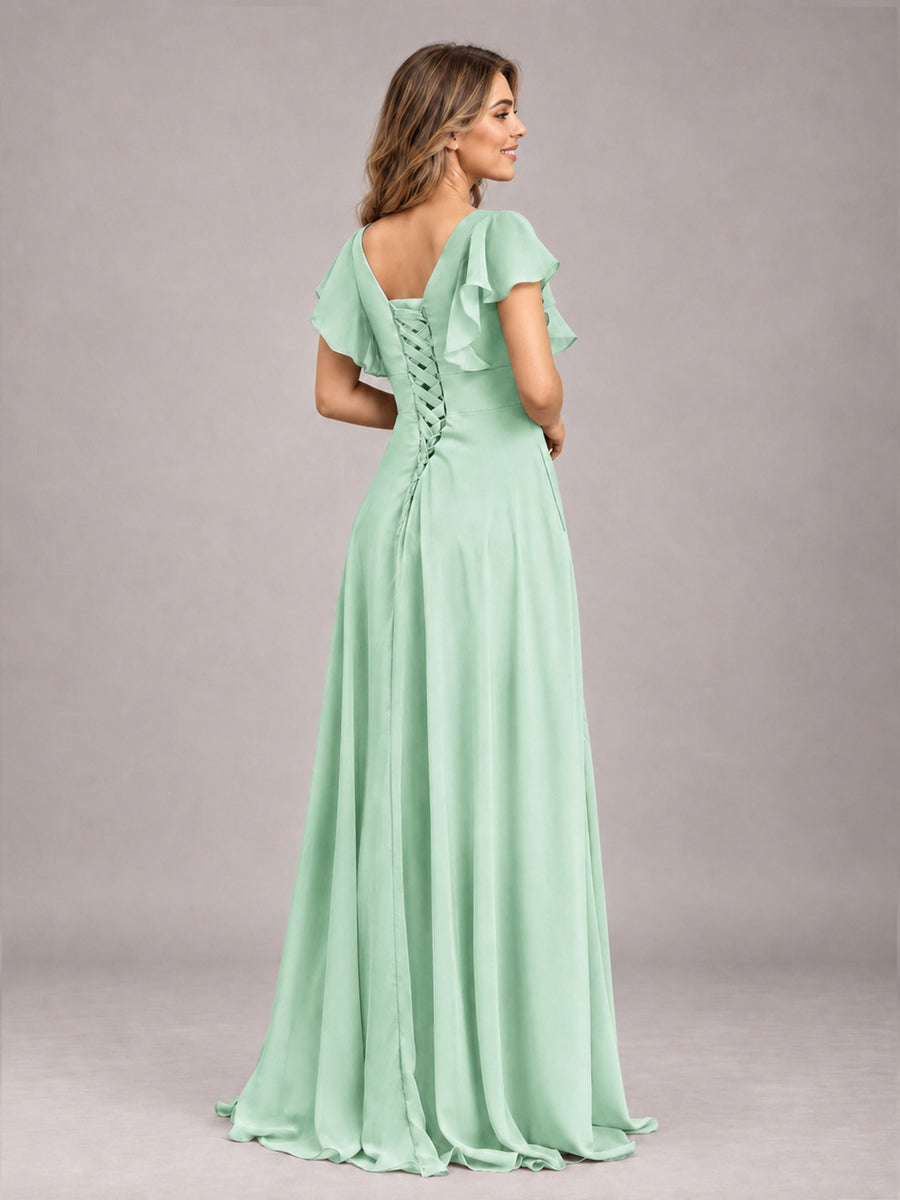 Mint Green Modest V-Neck Ruffles Floor Length Chiffon Bridesmaid Dress