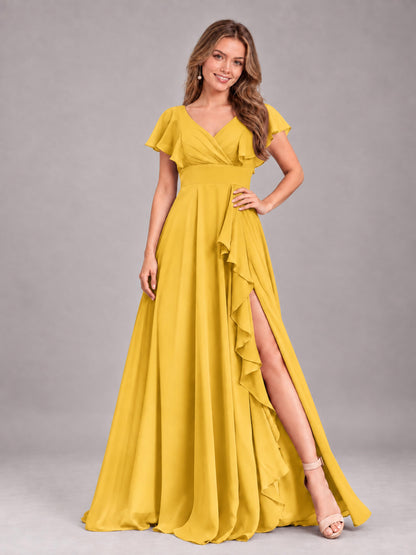 Mustard Yellow Modest V-Neck Ruffles Floor Length Chiffon Bridesmaid Dress