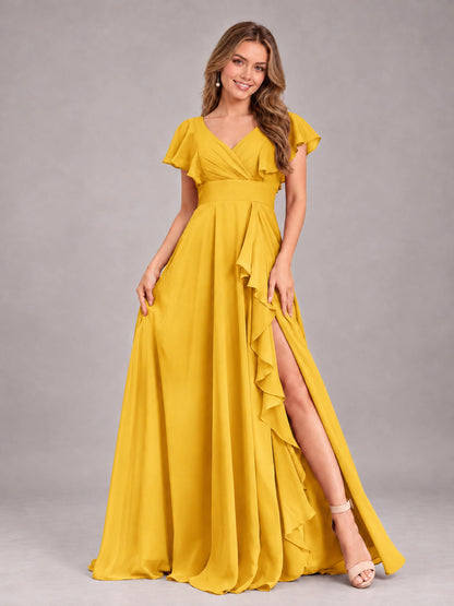 Mustard Yellow Modest V-Neck Ruffles Floor Length Chiffon Bridesmaid Dress