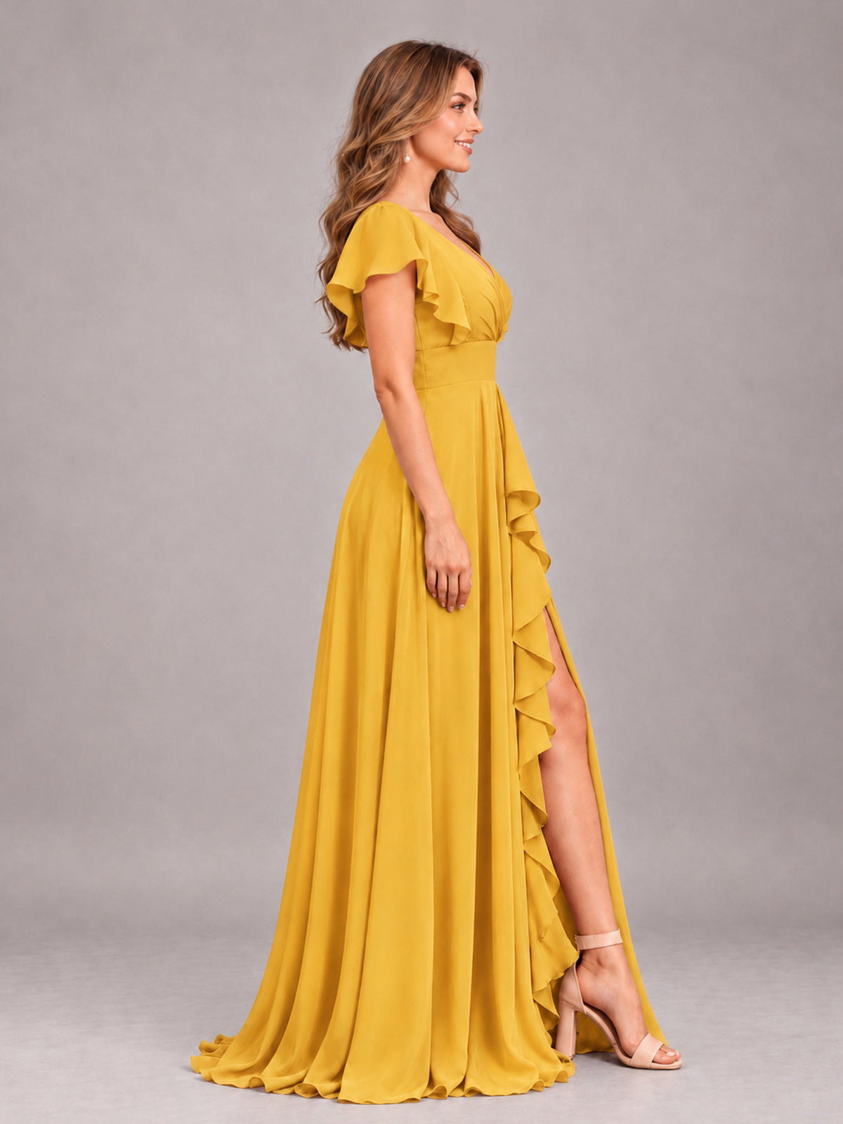 Mustard Yellow Modest V-Neck Ruffles Floor Length Chiffon Bridesmaid Dress