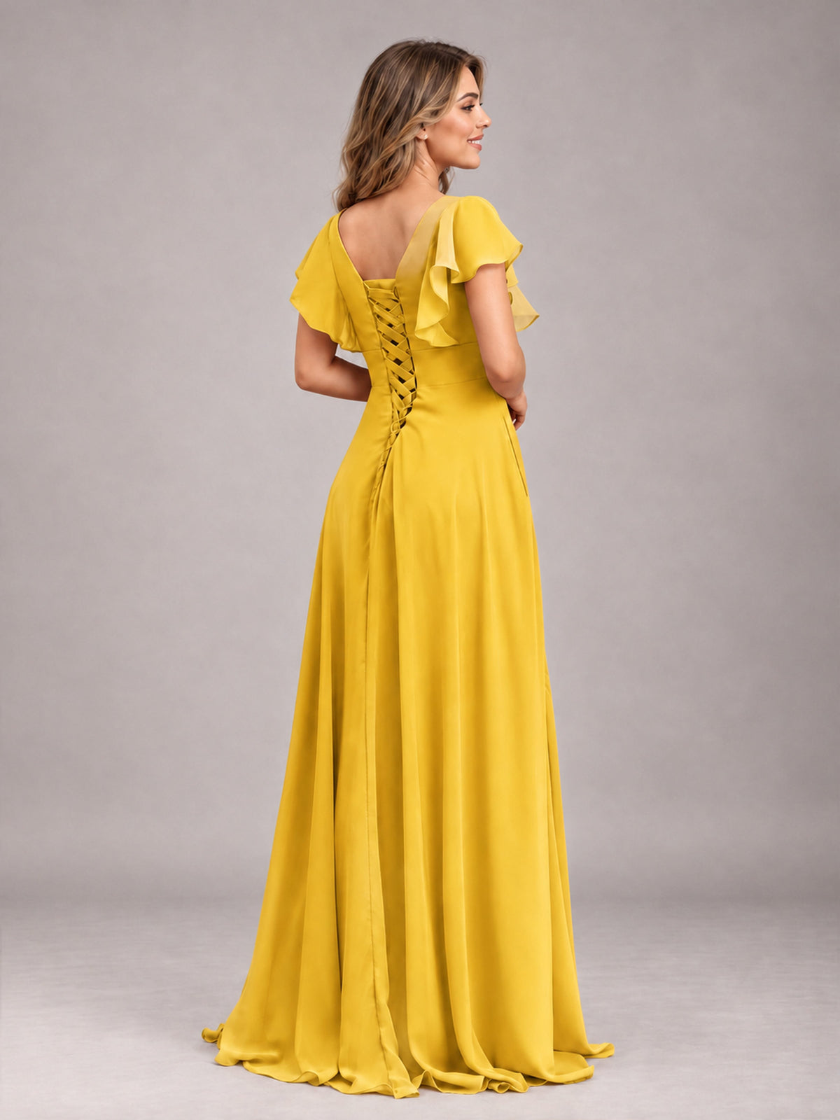 Mustard Yellow Modest V-Neck Ruffles Floor Length Chiffon Bridesmaid Dress