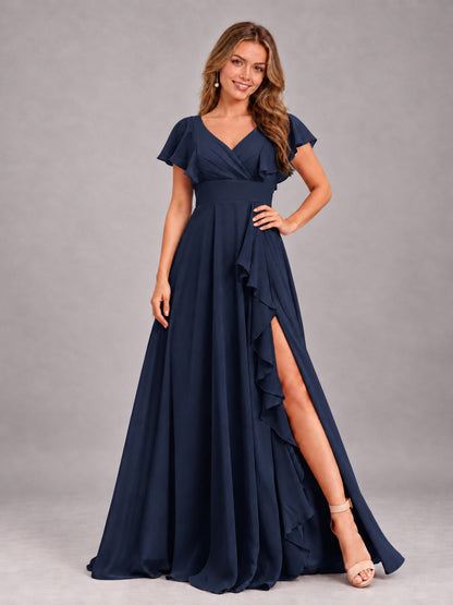 Navy Blue Modest V-Neck Ruffles Floor Length Chiffon Bridesmaid Dress