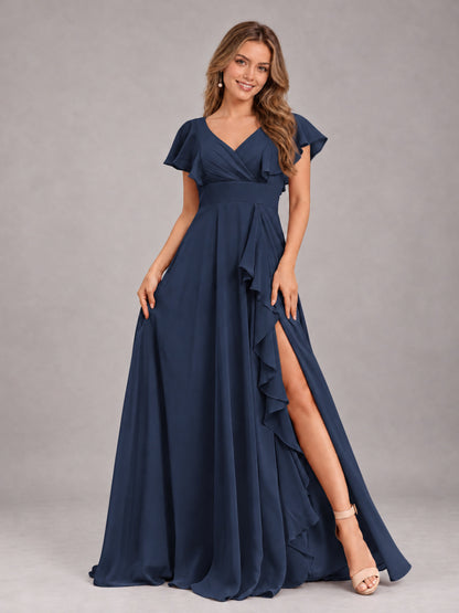 Navy Blue Modest V-Neck Ruffles Floor Length Chiffon Bridesmaid Dress