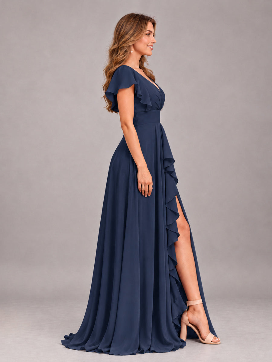 Navy Blue Modest V-Neck Ruffles Floor Length Chiffon Bridesmaid Dress