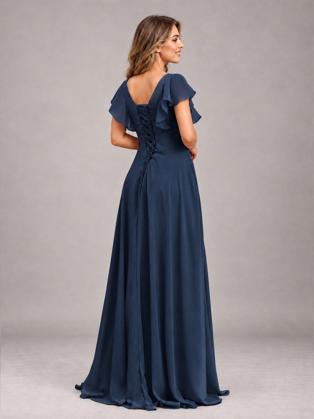 Navy Blue Modest V-Neck Ruffles Floor Length Chiffon Bridesmaid Dress