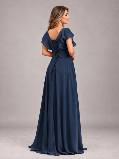 Navy Blue Modest V-Neck Ruffles Floor Length Chiffon Bridesmaid Dress