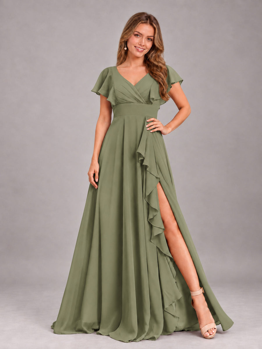 Olive Green Modest V-Neck Ruffles Floor Length Chiffon Bridesmaid Dress