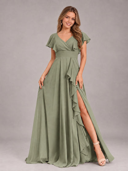 Olive Green Modest V-Neck Ruffles Floor Length Chiffon Bridesmaid Dress