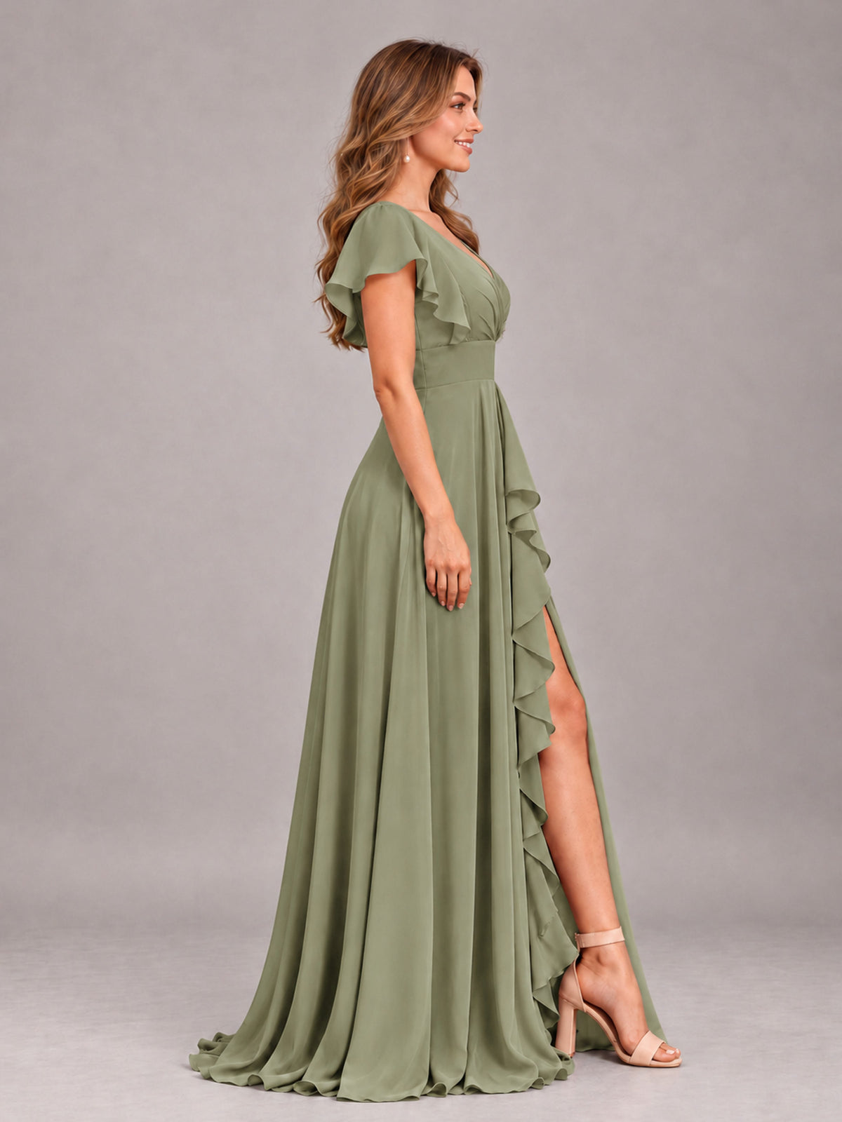Olive Green Modest V-Neck Ruffles Floor Length Chiffon Bridesmaid Dress