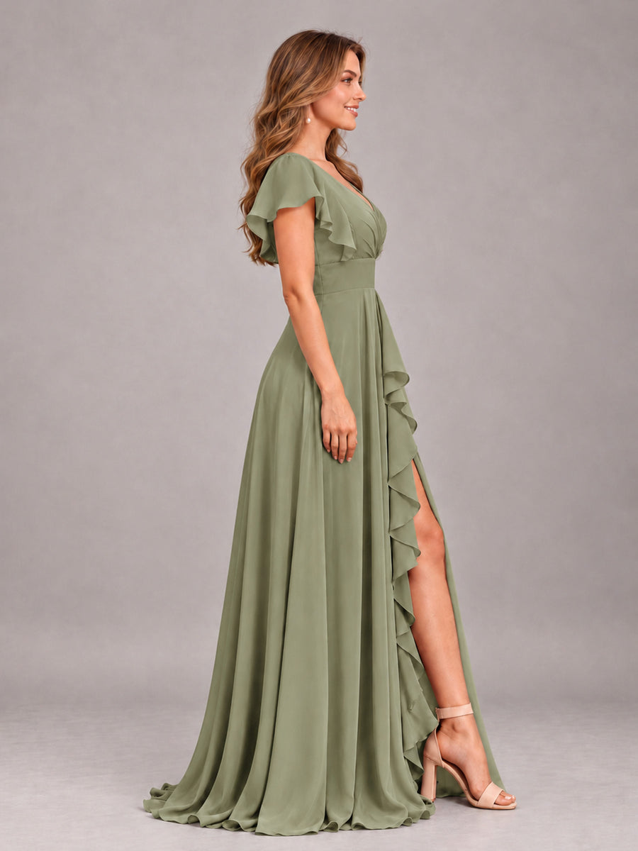 Olive Green Modest V-Neck Ruffles Floor Length Chiffon Bridesmaid Dress