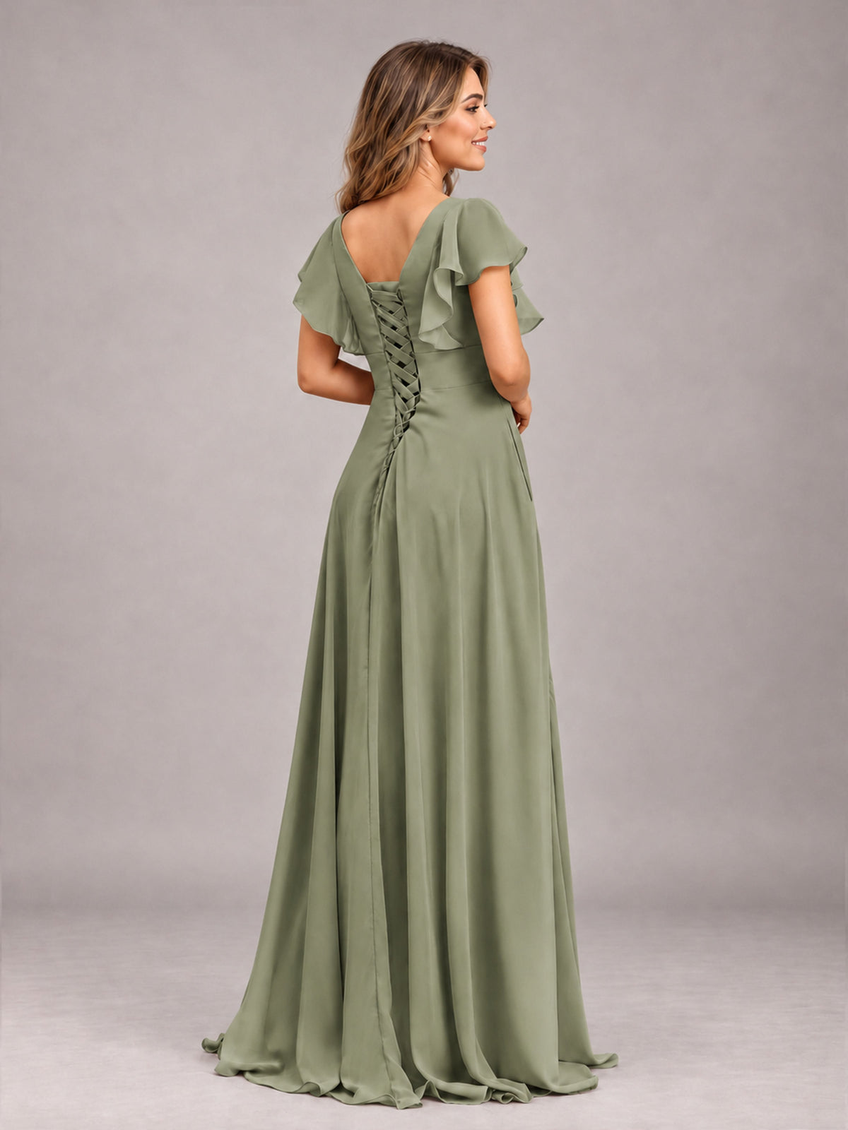Olive Green Modest V-Neck Ruffles Floor Length Chiffon Bridesmaid Dress