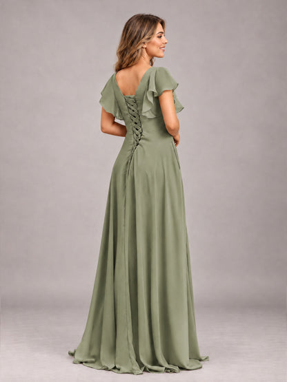 Olive Green Modest V-Neck Ruffles Floor Length Chiffon Bridesmaid Dress