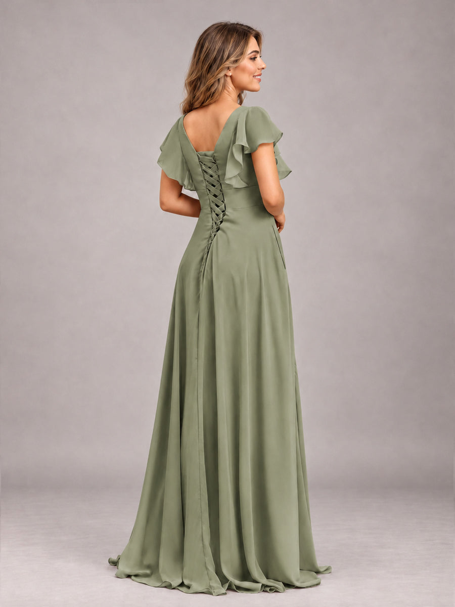 Olive Green Modest V-Neck Ruffles Floor Length Chiffon Bridesmaid Dress