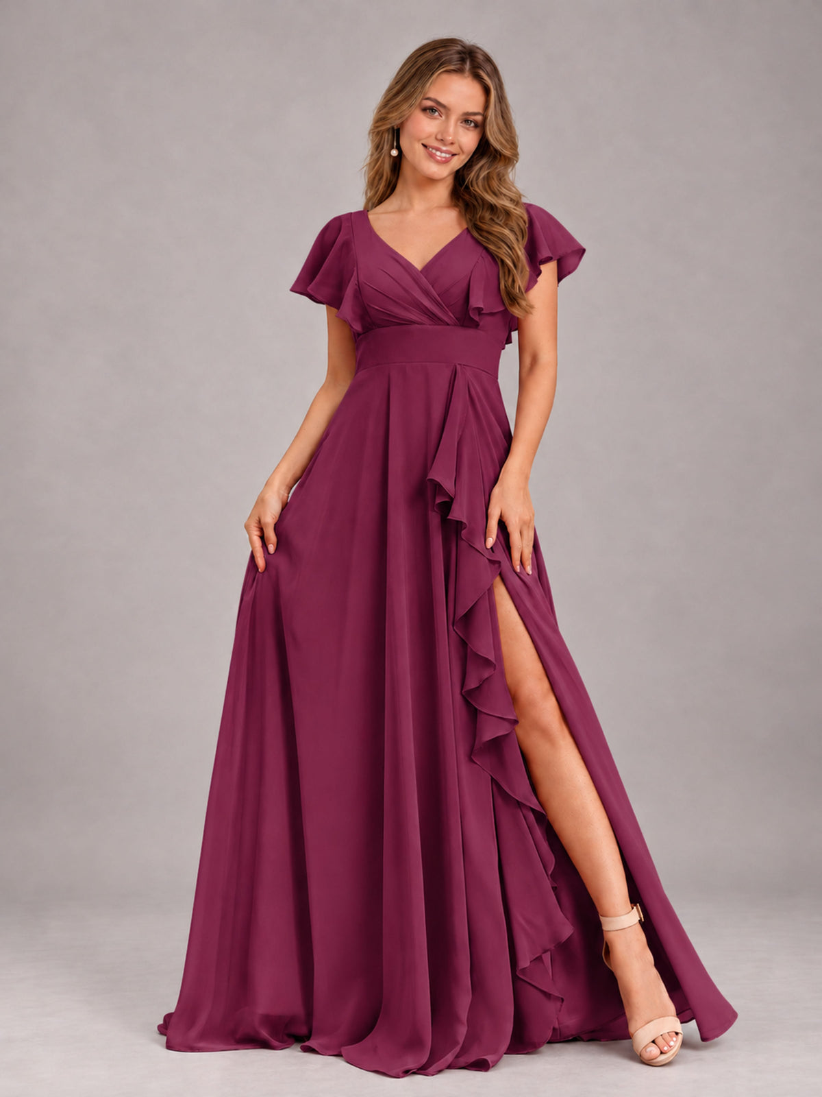 Plum Modest V-Neck Ruffles Floor Length Chiffon Bridesmaid Dress