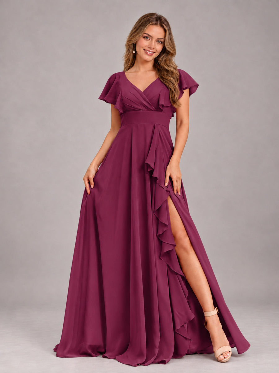 Plum Modest V-Neck Ruffles Floor Length Chiffon Bridesmaid Dress