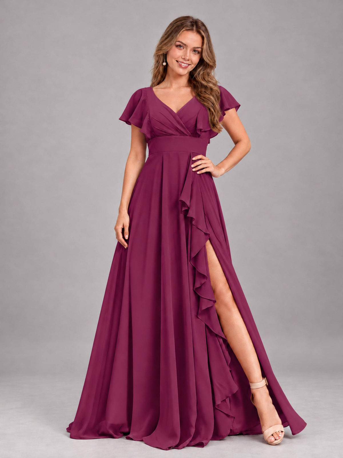 Plum Modest V-Neck Ruffles Floor Length Chiffon Bridesmaid Dress
