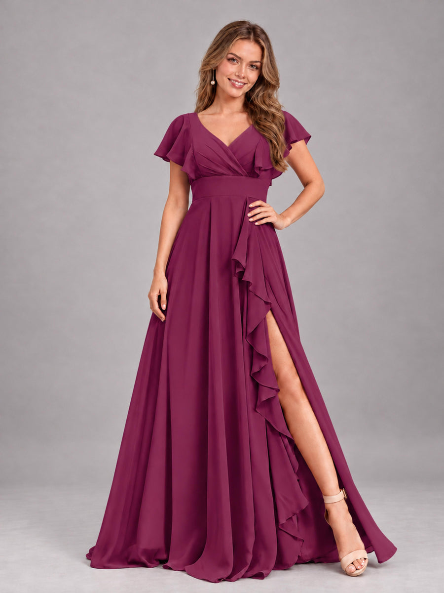 Plum Modest V-Neck Ruffles Floor Length Chiffon Bridesmaid Dress