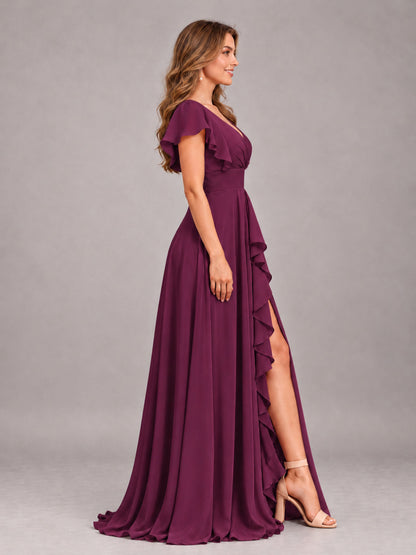 Plum Modest V-Neck Ruffles Floor Length Chiffon Bridesmaid Dress