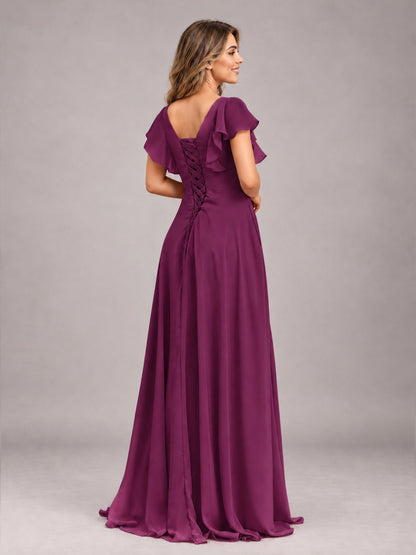 Plum Modest V-Neck Ruffles Floor Length Chiffon Bridesmaid Dress