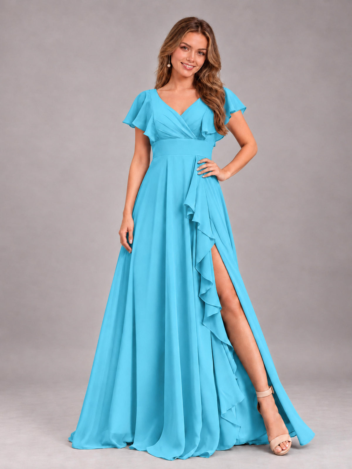 Pool Modest V-Neck Ruffles Floor Length Chiffon Bridesmaid Dress