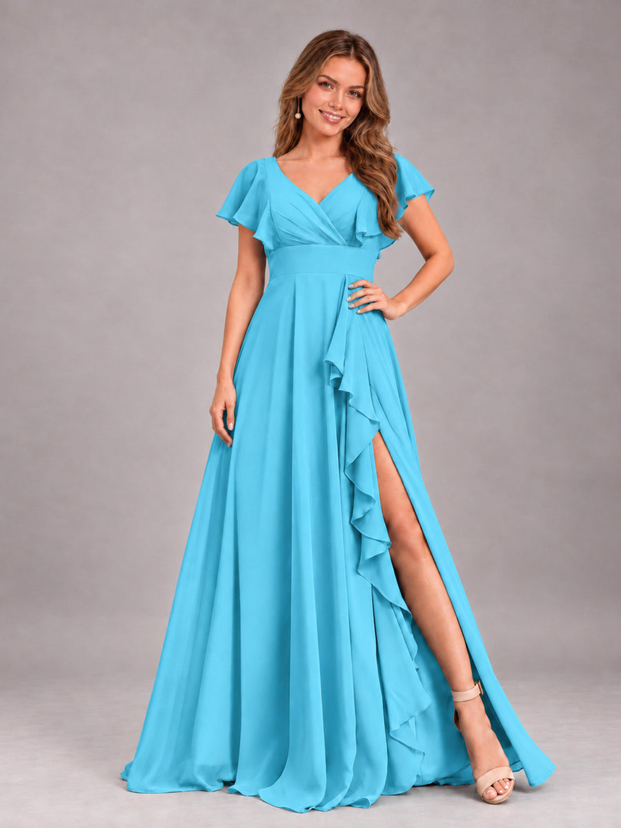 Pool Modest V-Neck Ruffles Floor Length Chiffon Bridesmaid Dress