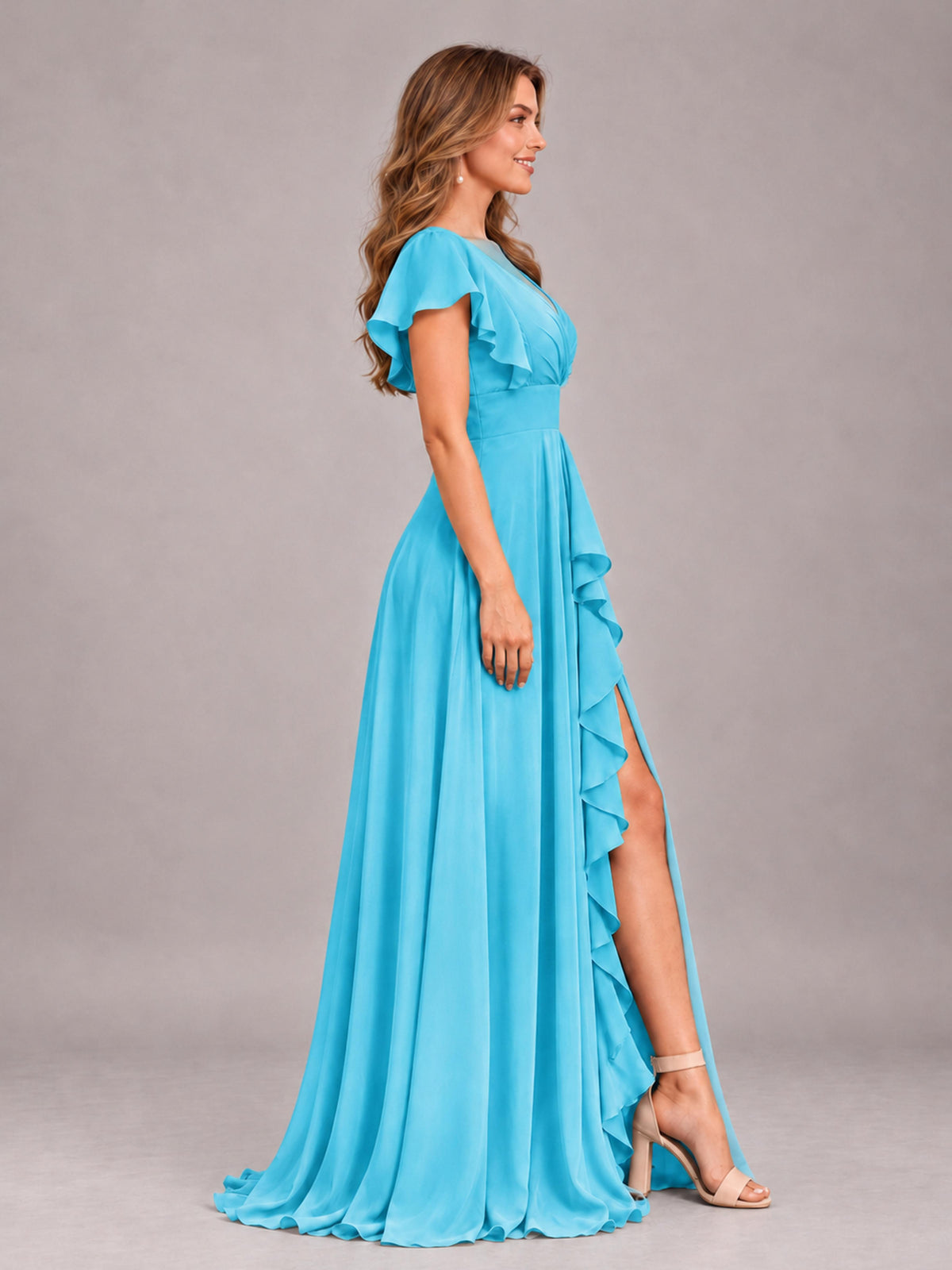 Pool Modest V-Neck Ruffles Floor Length Chiffon Bridesmaid Dress