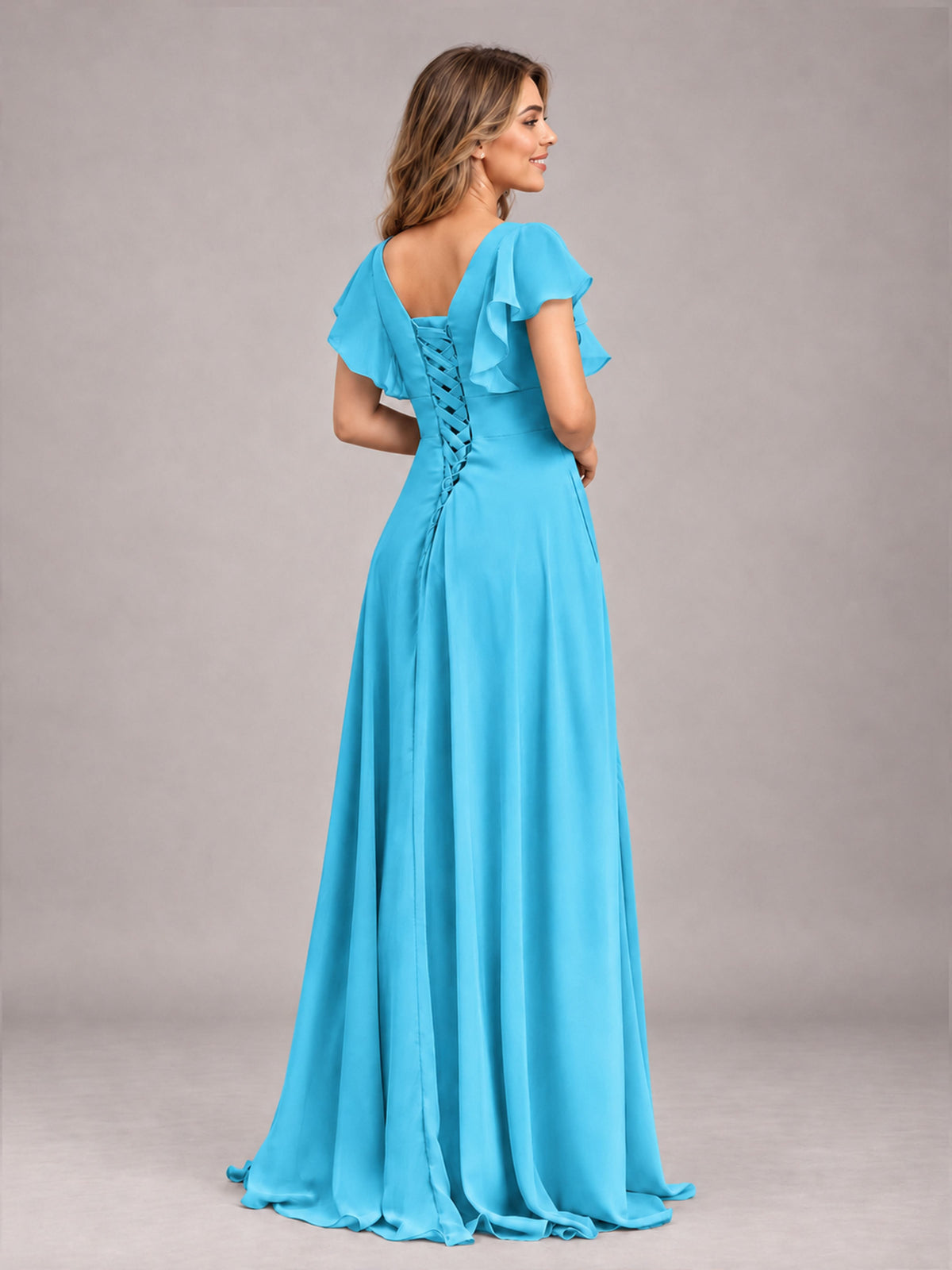 Pool Modest V-Neck Ruffles Floor Length Chiffon Bridesmaid Dress