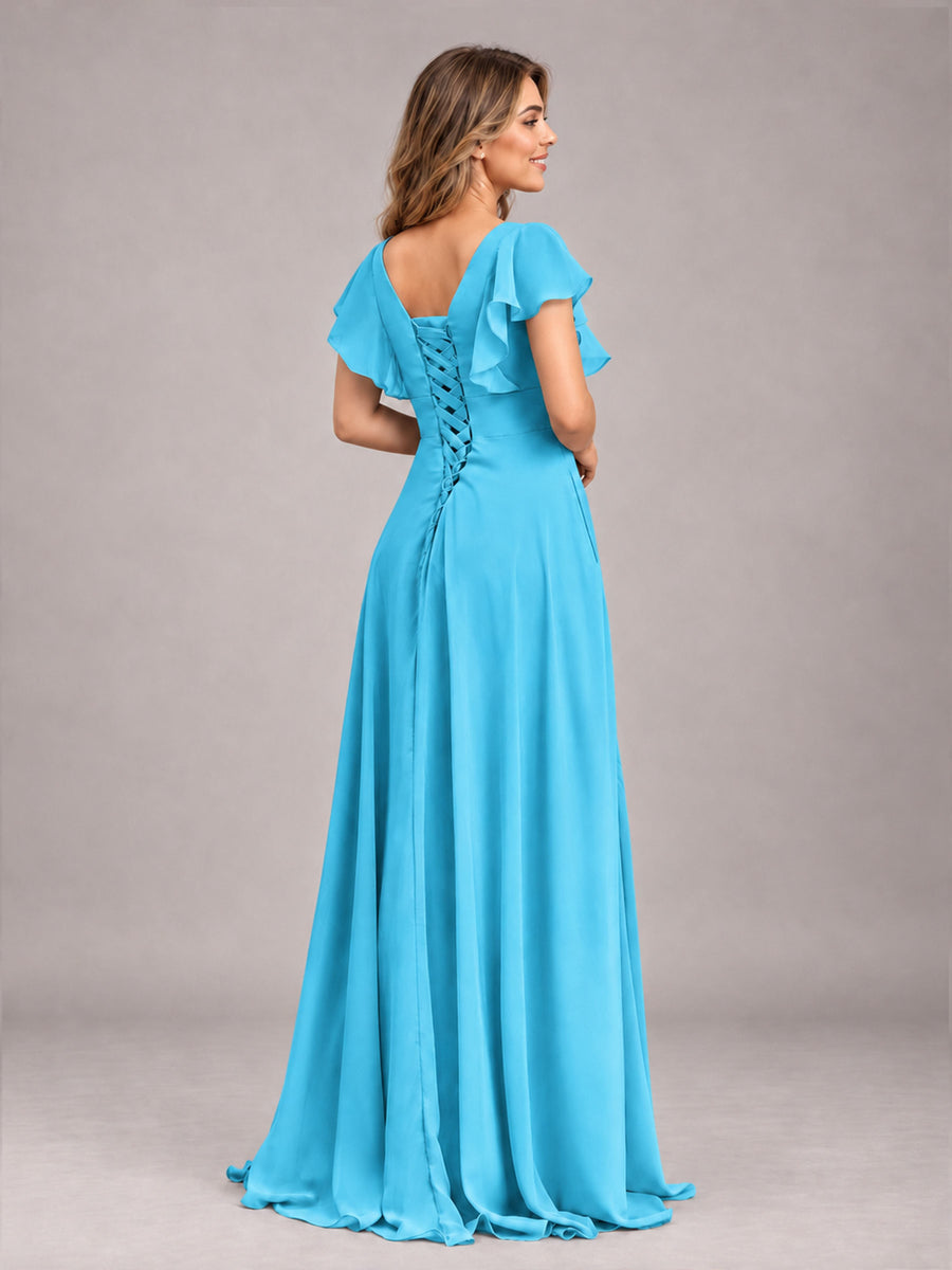 Pool Modest V-Neck Ruffles Floor Length Chiffon Bridesmaid Dress