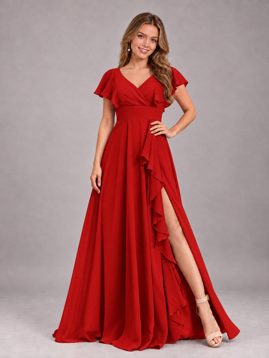 Red Modest V-Neck Ruffles Floor Length Chiffon Bridesmaid Dress
