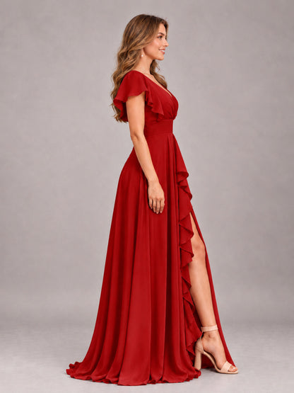 Red Modest V-Neck Ruffles Floor Length Chiffon Bridesmaid Dress