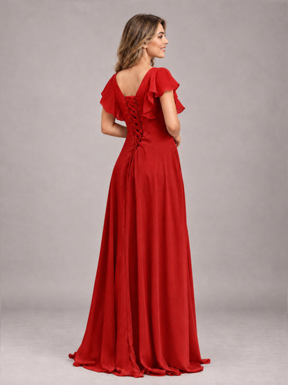 Red Modest V-Neck Ruffles Floor Length Chiffon Bridesmaid Dress