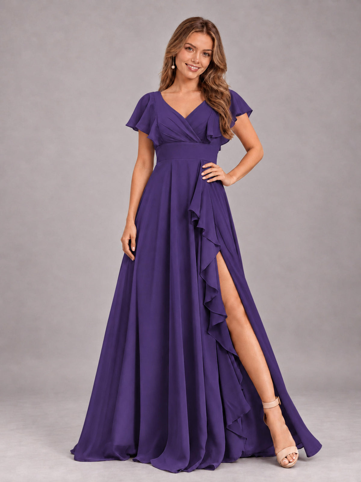 Regency Modest V-Neck Ruffles Floor Length Chiffon Bridesmaid Dress