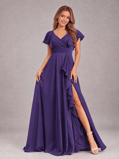 Regency Modest V-Neck Ruffles Floor Length Chiffon Bridesmaid Dress