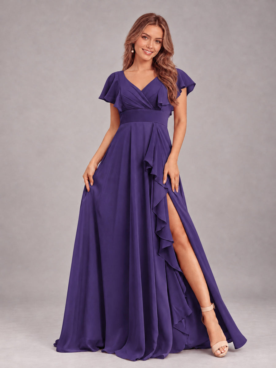 Regency Modest V-Neck Ruffles Floor Length Chiffon Bridesmaid Dress