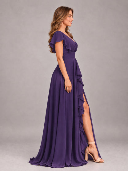 Regency Modest V-Neck Ruffles Floor Length Chiffon Bridesmaid Dress