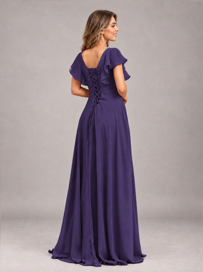 Regency Modest V-Neck Ruffles Floor Length Chiffon Bridesmaid Dress