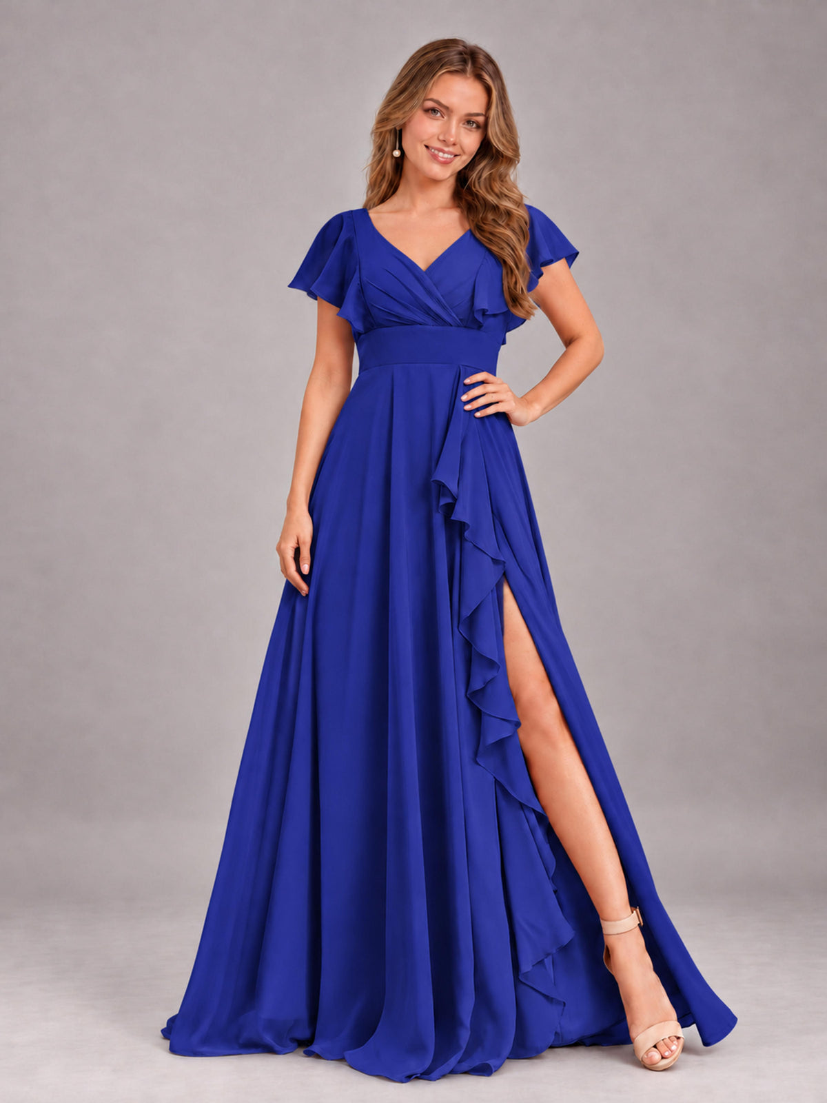 Royal Blue Modest V-Neck Ruffles Floor Length Chiffon Bridesmaid Dress