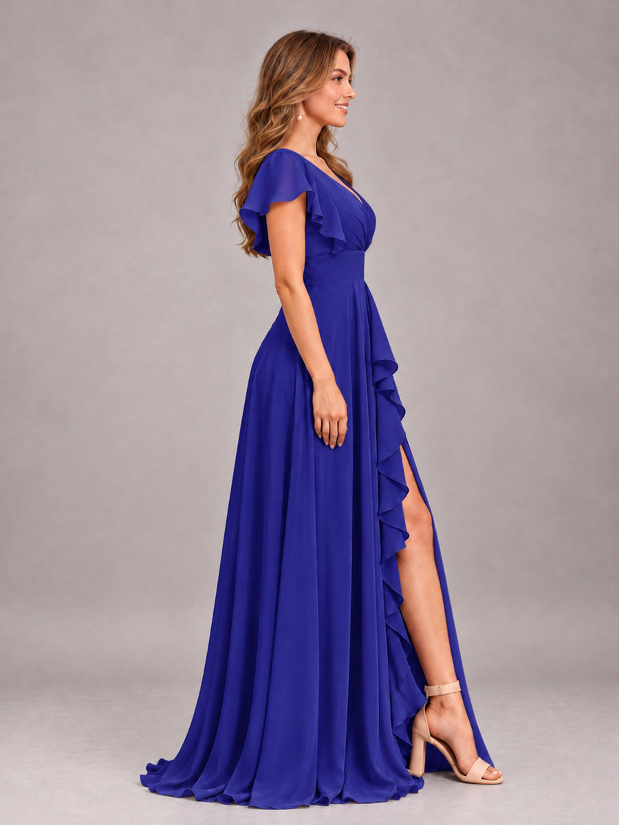 Royal Blue Modest V-Neck Ruffles Floor Length Chiffon Bridesmaid Dress