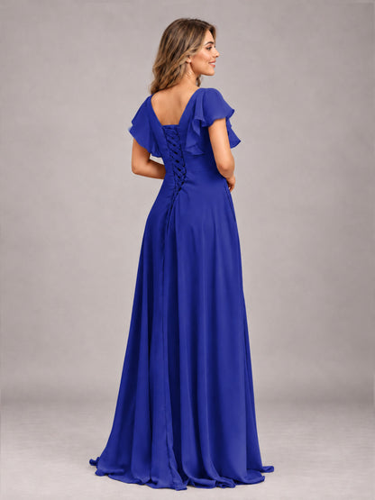 Royal Blue Modest V-Neck Ruffles Floor Length Chiffon Bridesmaid Dress