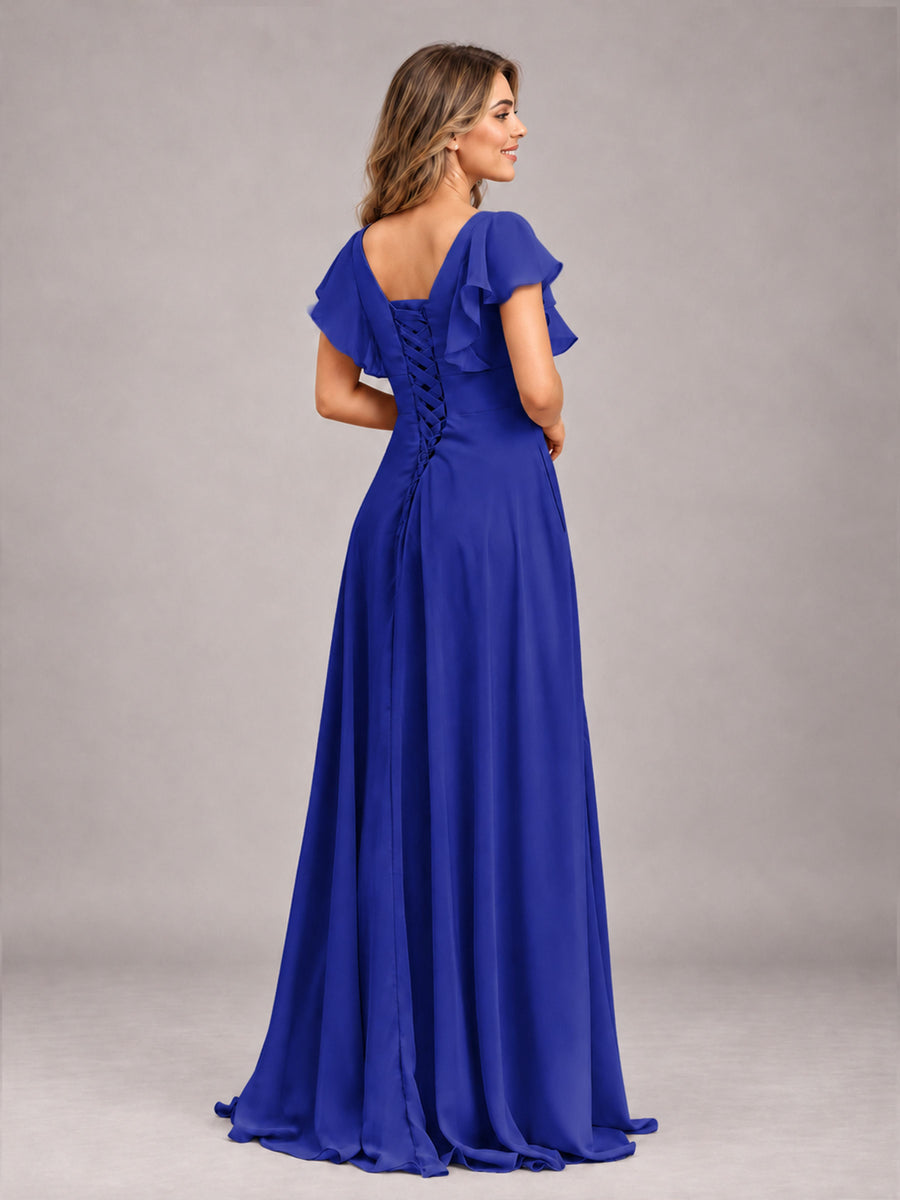 Royal Blue Modest V-Neck Ruffles Floor Length Chiffon Bridesmaid Dress