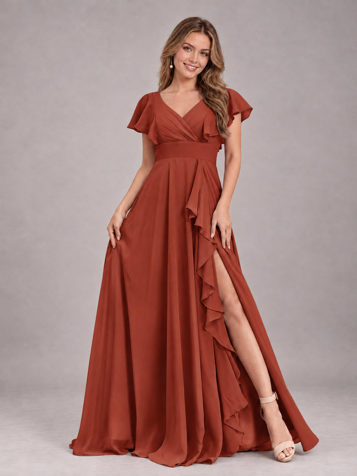 Rust Modest V-Neck Ruffles Floor Length Chiffon Bridesmaid Dress