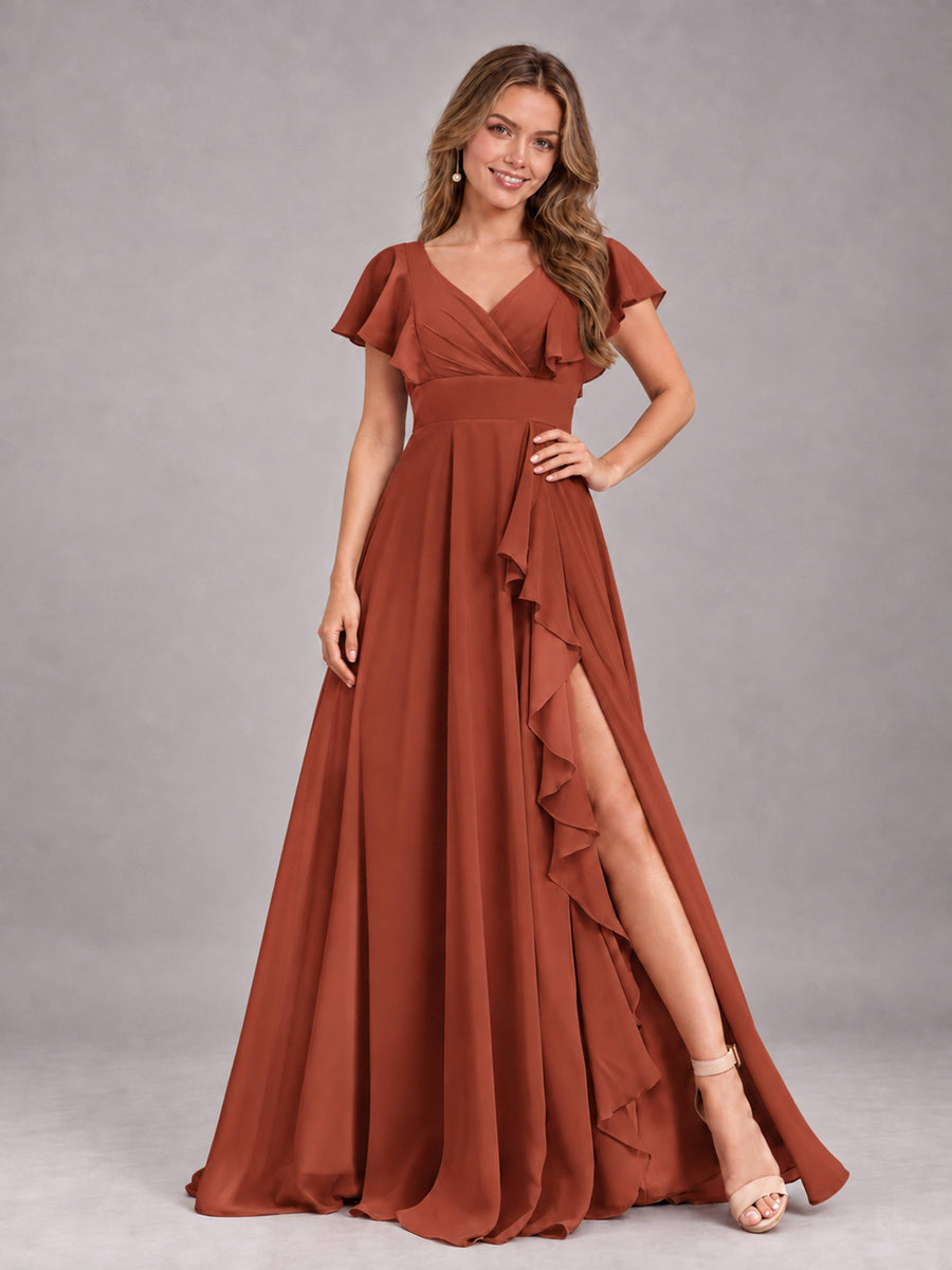 Rust Modest V-Neck Ruffles Floor Length Chiffon Bridesmaid Dress