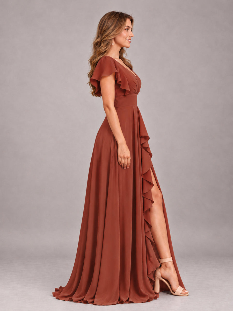 Rust Modest V-Neck Ruffles Floor Length Chiffon Bridesmaid Dress