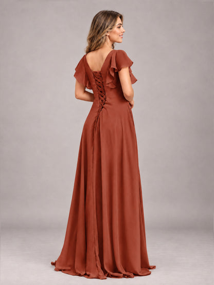 Rust Modest V-Neck Ruffles Floor Length Chiffon Bridesmaid Dress