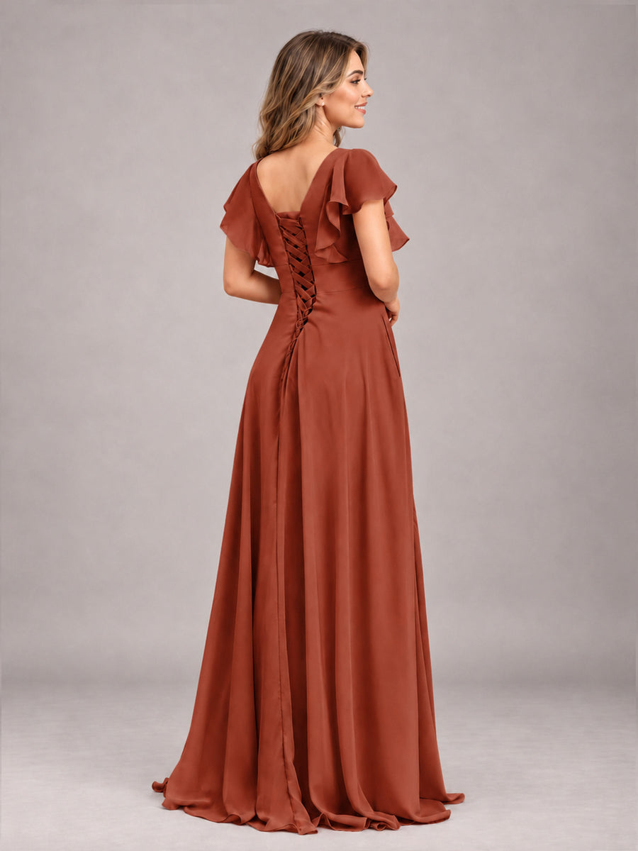 Rust Modest V-Neck Ruffles Floor Length Chiffon Bridesmaid Dress